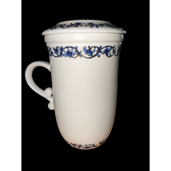 Teavana Tea Cup Mug WITH Lid & Infuser Blue  White Gold 12 oz - Picture 1 of 6